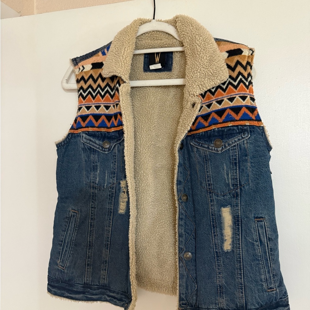Denim Sherpa Lined Vest with Aztec Pattern